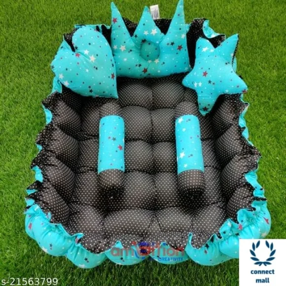 Pink Unique Newborn Baby Round Tub Bedding Set, Reversible Bed Set Cum Mattress with 3 Multi Shape Pillows for Newborn to Toddlers ( Blue& Sky Blue) - Free Size, Bottle Green/ Black, Cotton, Multipack of1, Rectangular